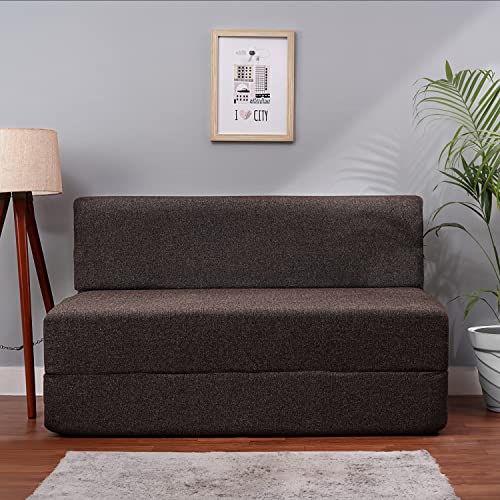 Image of Convertible Fabric Sofa Cum Bed | Foldable Double Foam & Washable Cover with Cushions | Modern Design Use Living Room & Guest Room (Coffee-Multi-Leaf, 4X6 Ft)