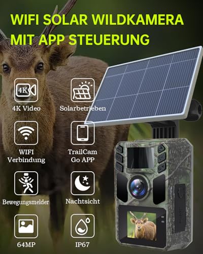 FKPCAM Wildkamera Solar WLAN mit Handyübertragung App, 4K HD Video 64MP Eingebaute 5000mAh Lithium-Batterie, Wildkamera Nachtsicht, 0.1s Auslöser Bewegungsaktiviert, IP67 Wasserdicht 130° Weitwinkel
