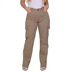 Calça Cargo Feminina Sarja Brim Elastano Premium Com Bolsos Laterais Cintura Alta Estilo Urbano Street