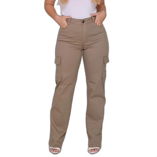 Calça Cargo Feminina Sarja Brim Elastano Premium Com Bolsos Laterais Cintura Alta Estilo Urbano Street