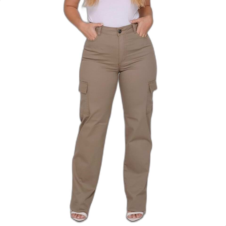 Calça Cargo Feminina Sarja Brim Elastano Premium Com Bolsos Laterais Cintura Alta Estilo Urbano Street