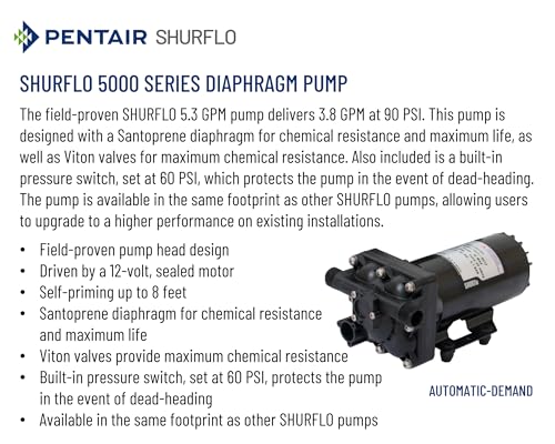 PENTAIR SHURFLO 5059-1310-D011 12 VDC Automatic Demand Diaphragm Pump, 5.3 GPM, 90 PSI, 1/2" NPTF Port, Self Priming 8 ft, Chemical Resistant Water Pump for Spraying, Transfer, Industrial Use by SHURFLO - Image 2