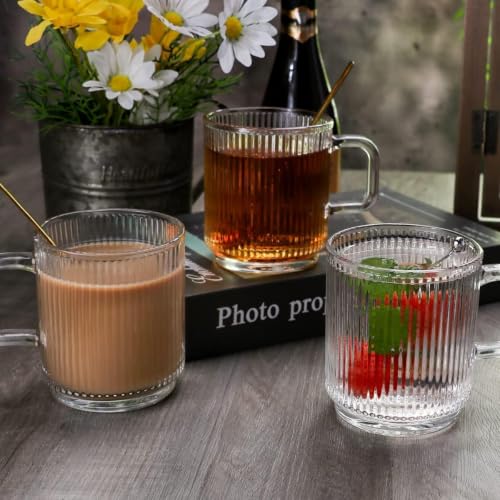 Image of 385 ML Glass Coffee Mug Set, with Convenient Handle, Tea Glasses for Hot /Cold Beverages, Thermal Shock Resistant, Tempered Glass, Mugs for Cappuccino Pack of 4 (PN - 03, 4 Count (Pack of 1))