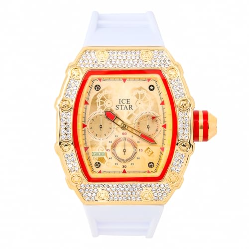 ICE STAR Men's 45mm Iced Out Tonneau Shape Watch, Silicone Band - Gold White Dial