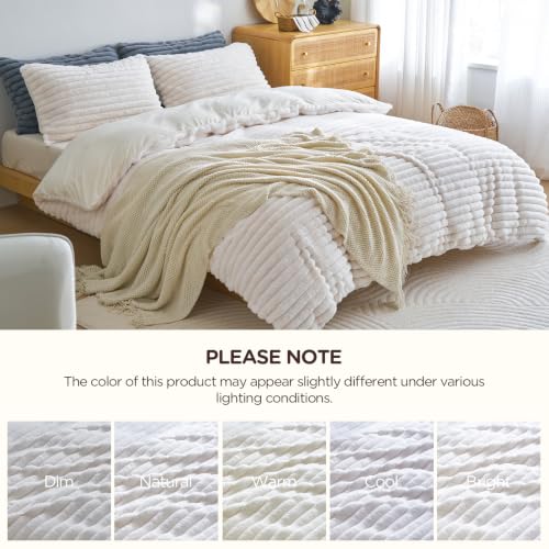 Image of Besfunny White Plush Comforter Cover Full Size ,Fluffy Striped Bedding 2pcs Set(1 Fuzzy Duvet Cover + 1 Fur Pillow Cases ) Faux Fur Luxury Bed Set (White, Twin)