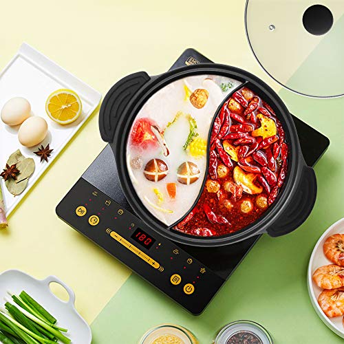 Hot Pot with Divider for Induction Cooker Dual Sided Soup Cookware Two-flavor Chinese Shabu Shabu Pot for Home Party Family Gathering, 3.5 Quart (Red) 6 Gallery Image