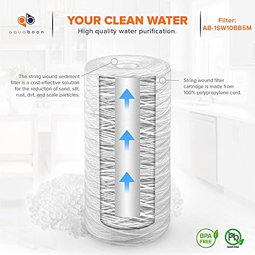 Aquaboon 5 Micron 10" String Wound Sediment Water Filter Cartridge | Whole House Sediment Filtration | Compatible With 84637, Wpx597P, Pc10, 355214-45, 355215-45, Wp1097P Wp597P 2-Pack #TOP2