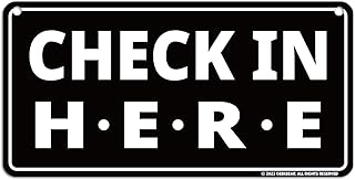 GEEKBEAR Check In Here Sign Hanging from Ceiling - 12 x 6 in (Black)