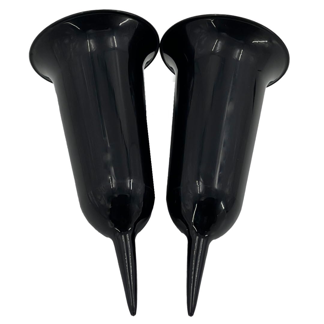 Angraves Black Set Of 2 Plain Fluted Spiked Memorial Grave Cemetery Garden Plastic Spike Flower Containers Vases