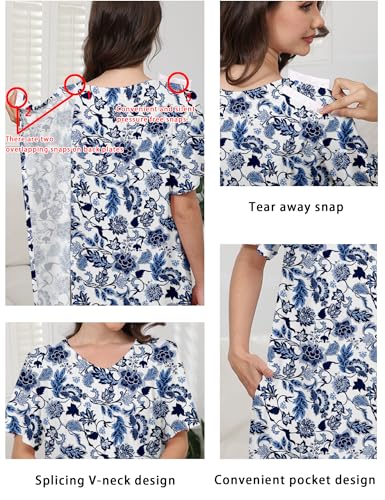 Image of Hospital Gowns for Women Open Back Tear Away Snap Post shoulder Dress Short Sleeve Soft Adaptive Clothing with Pockets