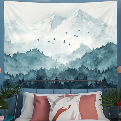 Kampdream Mountain Forest Tapestry, Misty Foggy Teal Blue Tree Landscape Watercolor Art Wall Tapestries thumb #2