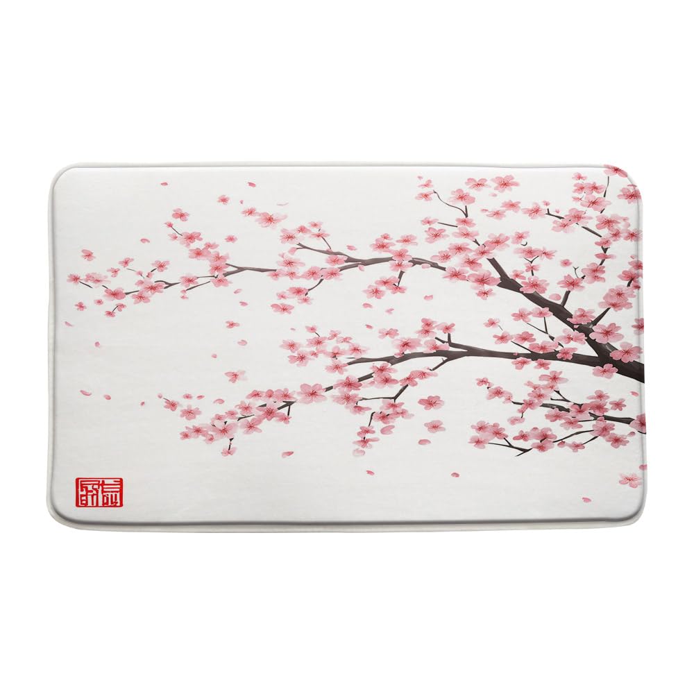 WUASDCS Pink Cherry Blossom Bath Mat Plum Floral Flowers Blooming Watercolor Cute Branch Asian Art Style Bathroom Kitchen Floor Mat Doormat Microfiber