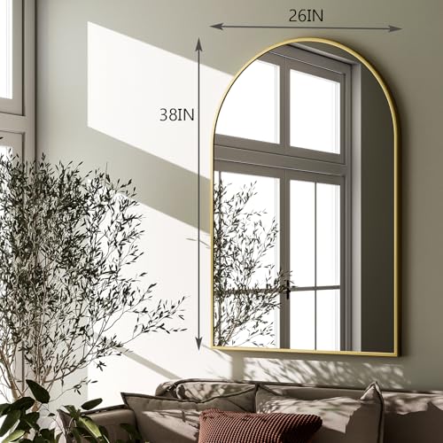 Image of HARRITPURE Arched Wall Mirror - 26 inchx38 inch Arch Bathroom Mirror Metal Frame Vanity Mirror for Bedroom, Entryway Dresser Decor, Gold