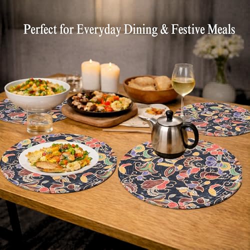Image of Premium Round Cotton Dining Table Mats Set of 4 | Washable Heat Resistant Food Mat | Circular Dining Table Hot Plate Mats & Coaster for Hot Utensil (14-inch, Printed Floral /Blue)