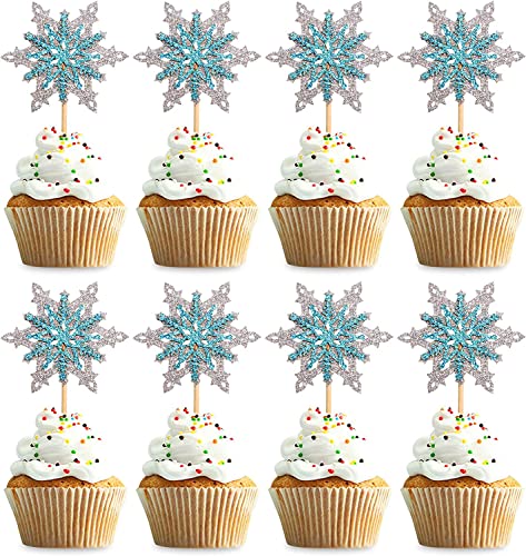 Confetti! 24 Pack Frozen Snowflake Cupcake Toppers Double Layers Silver and Blue Winter Theme Cupcake Picks Baby Shower Kids Birthday Party Christmas Cake Decorations Supplies