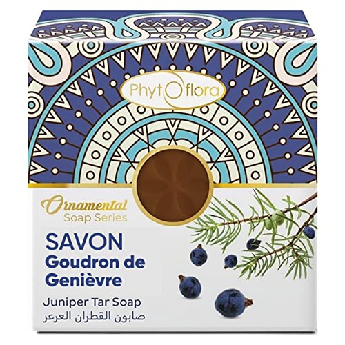 Phytoflora Shampoing Solide Goudron De Genièvre 125gr 1 pcs avec Porte Savon,Shampoing Antipelliculaire Chute Acne Eczema Point Noir | Gommage Corps Cover