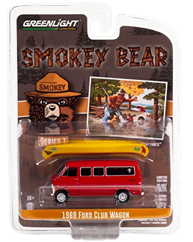 Toy Cars 1969 Club Wagon Van Red w/Canoe on Roof Care Will Prevent 9 Out of 10 Forest Fires! Smokey Bear Series 1/64 Diecast Model Car by Greenlight 38020 D