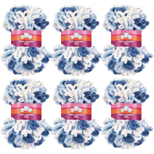 Image of Threlaco Finger Loops Yarn Bulk Soft Chunky Yarn 600 G / 6 Skeins for Mothers Day Beginners Knitting No Needles or Hooks (White, Light Blue, Dark Blue,6 Pack)