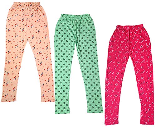 Image of IndiWeaves Girls Cotton Printed Leggings Slim Fit Cotton Stretchable Leggings [Pack of 3] Peach3, Sea Green, Magenta