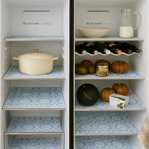 Image of Side-by-Side Door Fridge Shelf Liners Set: Mats for Refrigerator and Freezer Sections -Machine Washable Liners for Glass Shelves, Drawers, Trays Refrigerator Accessories, Pack of 22(Frosted Florals)