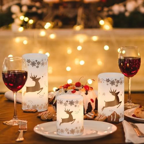 Image of KunSween Christmas Flameless Candles with 6H Timer, 3 Pack LED Flickering Candles with Gold Deer Decals and Real Wax, Christmas Winter Decorations for Home Indoor Table Centerpieces