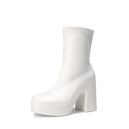 DREAM PAIRS Women's Platform Gogo Ankle Boots High Chunky Block Heel Square Toe Booties Shoes - 7.5 - White