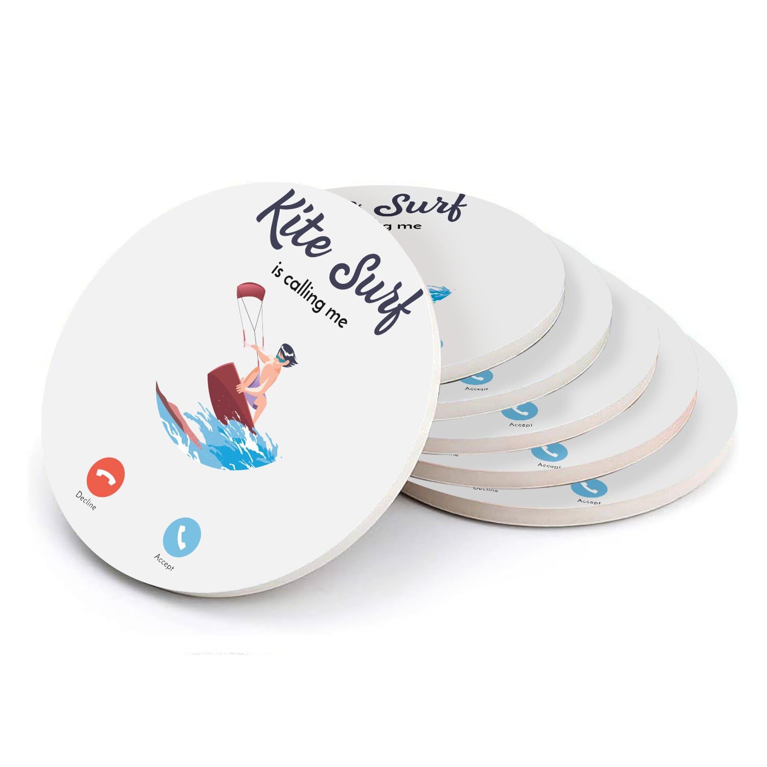 Sous-verre ronds en céramique Kite Surf pour vos apéritifs d'été en terrasse - Lot de 6