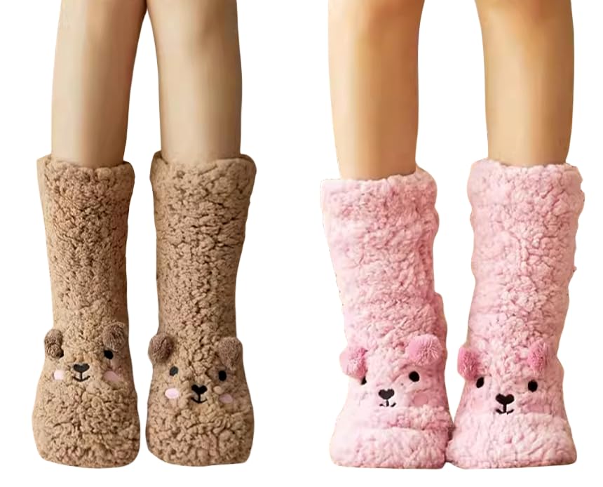 Adorable Bear Cozy Socks for Winter - Stay Toasty and Cute fuzzy and fluffy - Two Pairs