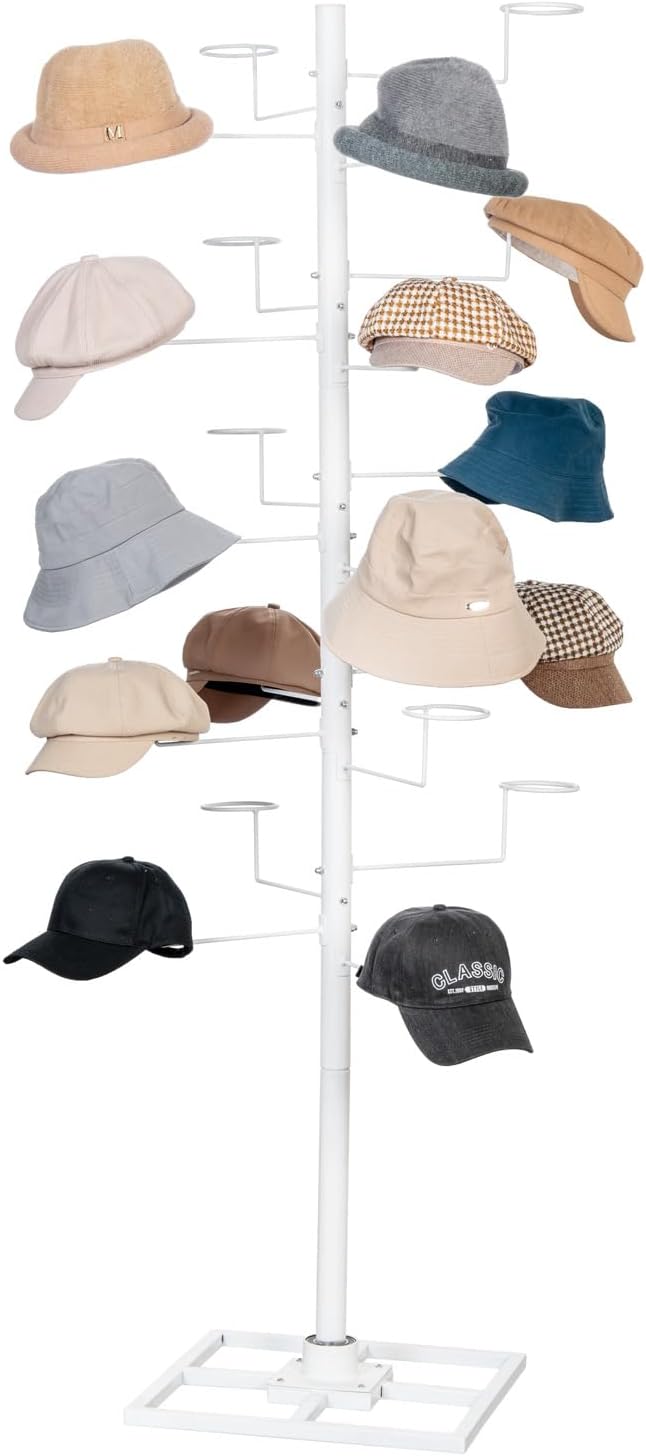 MyGift Modern Freestanding Hat Rack Organizer, 360 Degree Rotating Cowboy Hat Display Stand with 20 Customizable Circular Hooks, Black Metal