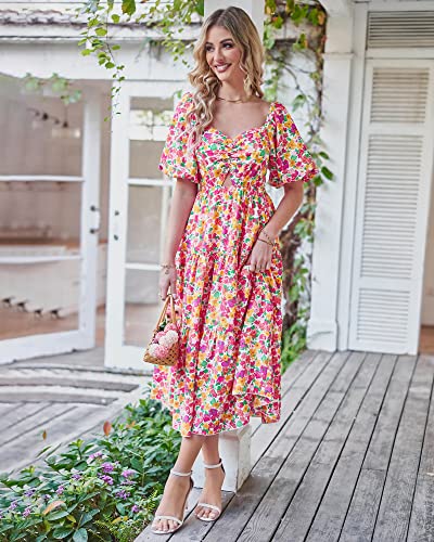 Btfbm Women Summer Dresses 2023 Casual Flowy Beach Square Neck Puff Short Sleeve Smocked Back Boho Floral Long Maxi Dress(Floral White Red, Medium) #TOP5