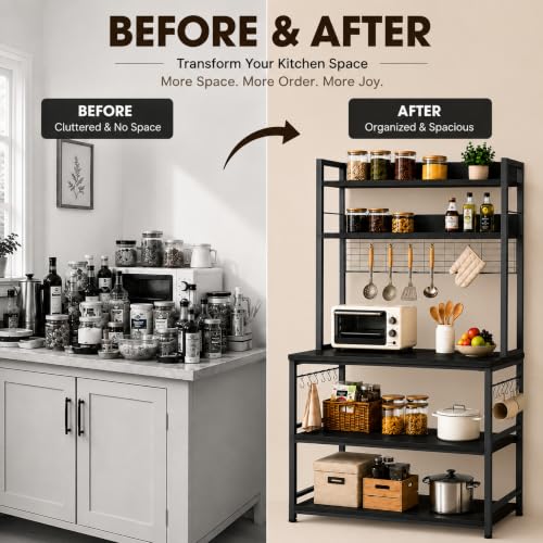 Image of 5-Tier Kitchen Organizer Rack-Multipurpose Microwave Stand for Kitchen Platform & OTG Oven-Steel Utensils Storage Shelf with Hooks - Engineered Wood & Metal Rack for Home- 100x40x170 cm - Black