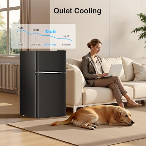 Image of Kismile 2.5 Cu.Ft Mini Fridge with Freezer, Double Door Compact Refrigerator, 3-Level Mechanical Thermostat, Reversible Door&Removable Shelves, Quiet Fridge Ideal for Office, Apartment, Dorm, Black