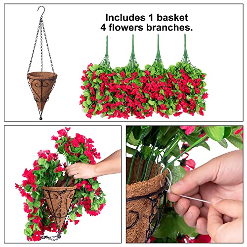 Ammyoo Artificial Hanging Violet Flowers With Basket For Outdoors Indoors Courtyard Decor,Artificial Hanging Vine Plant In Coconut Lining Hanging Basket For Patio Garden Porch Deck Decoration(Red) #TOP5