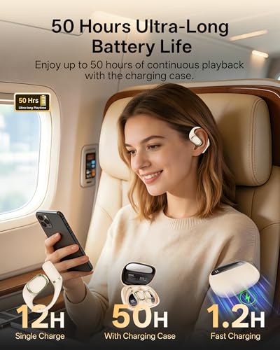 Image of Open Ear Earbuds, Over Ear Headphones with Ear Hooks, True Wireless Bluetooth 6.0 Earphones, Stereo Sound, Ultra-Comfort, 50H Playback, IPX7 Waterproof Ear Buds with Mics for Running Sports