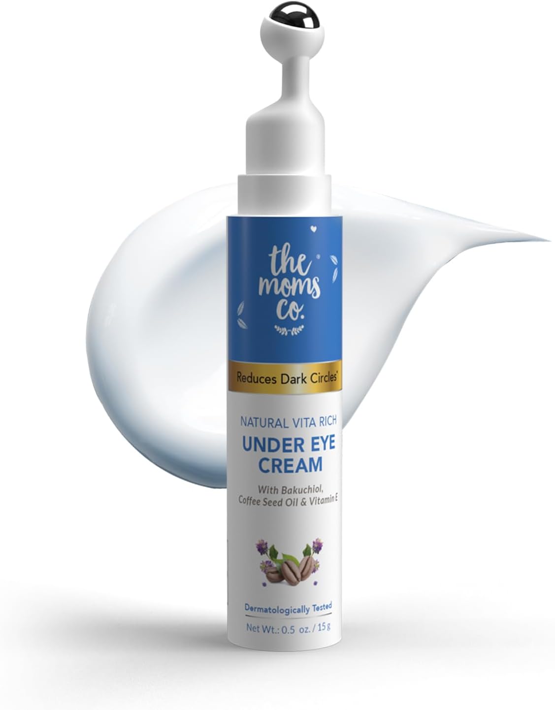 The Moms Co. Natural Vita Rich Under Eye Cream for Dark Circles and Puffiness for Women, Suitable for Delicate Skin Under Eye Area, Soothing Massage Roller with Coffee Oil, Vitamins E & B3, 15 gm