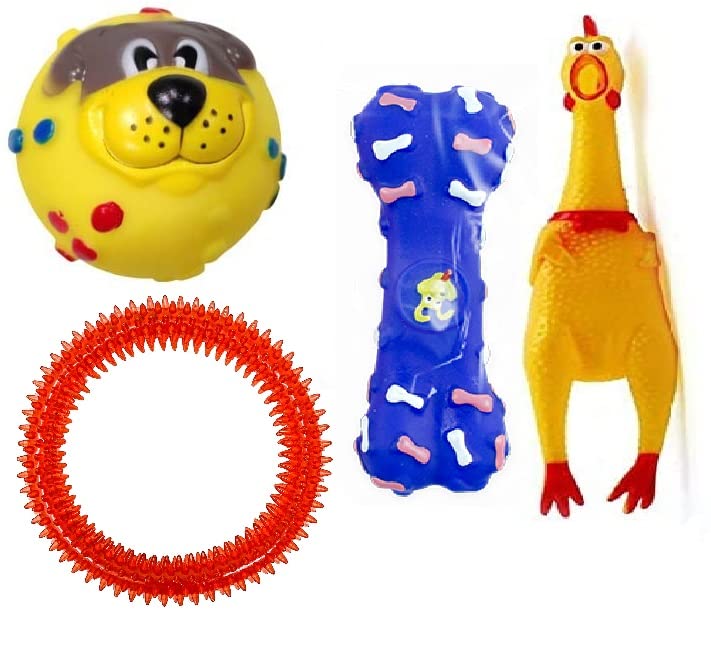 Pups&Pets Squeaky Chewable Teether Toys for Dog & Puppy - Squeaky Face Ball, Spiked Ring, Squeaky Chicken, Squeaky Bone (Pack of 4) Multi-Color (B0B1WVSJFK) Amazon Price History, Amazon Price Tracker