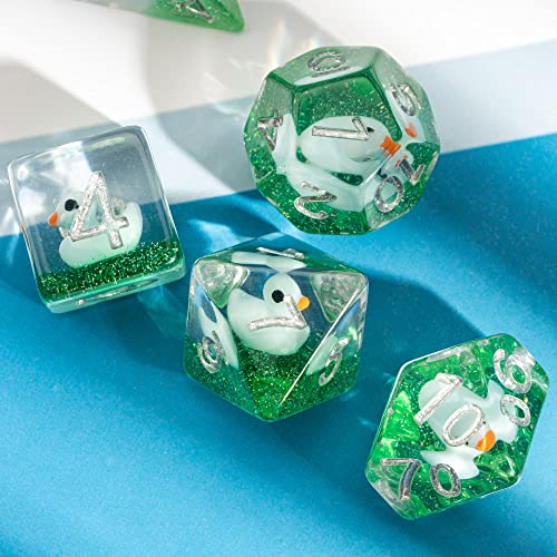 Image of cusdie 7-Die DND Dice, Polyhedral Dice Set Filled with Duck, for Role Playing Game Dungeons and Dragons D&D Dice MTG Pathfinder (Green with Blue Duck)