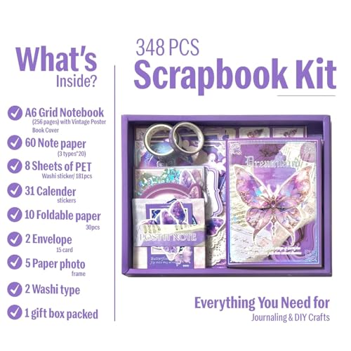 Image of VIBE VISTA Vintage Aesthetic Scrapbook Kit,346 Pcs,A6 Grid Notebook,Washi ,Envelopes,Scrapbook Papers,Folding Labels,Background Papers,Photo Frames,Calendar Stickers,Stickers (Dreamland,Purple)