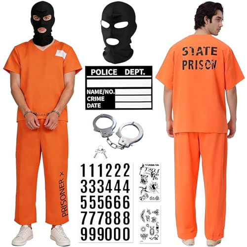 Shengruili Sträfling Kostüm Prisoner Overall Kostüm Gefängnis kostüm Zubehör Prison Costume Orange Erwachsener Gefängnis Herren Damen Orange PrisonerCostume für Costume Cosplay