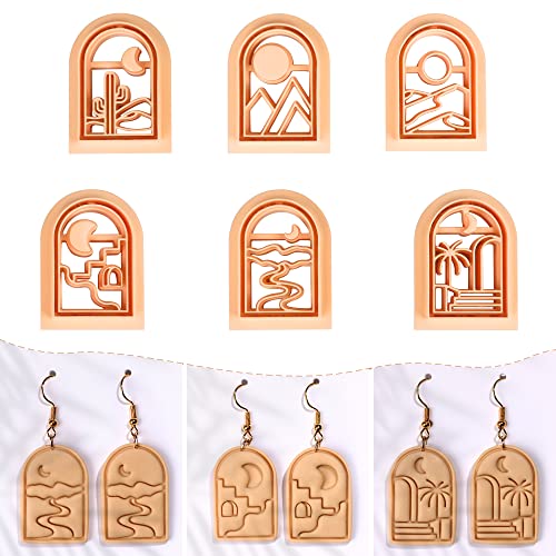 Puocaon Boho Polymer Clay Cutters - 6 Pcs Clay Cutters for Polymer Clay Earrings Making, Boho Landscapes Arch Clay Cutters, Embossing Scene Desert Sun Moon Clay Cutters for Jewelry Making