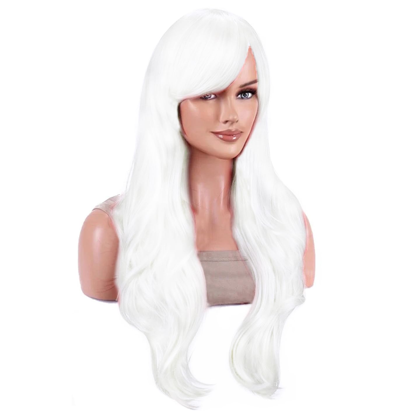 IMISSU 28 Inch/70cm Long Hair Water Wavy Wigs with Bangs Cosplay Costume Wig (White) - Image 2