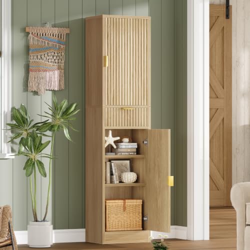 Image of TEENFON 66.9″ Storage Cabinet with 1 Drawer and 2 Doors, Tall Bathroom Storage Cabinet with Adjustable Shelves, Rattan Fluted Cabinet for Bathroom, Living Room, Kitchen, Natural Oak