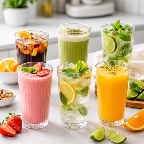 Image of PrimeWorld Ribbed Glass Tumbler Set of 6 - 350ml Striped Highball Glasses for Cocktails, Smoothies, Iced Coffee, Whiskey & Juice | Stylish and Durable Drinking Glasses for Home, Kitchen & Parties