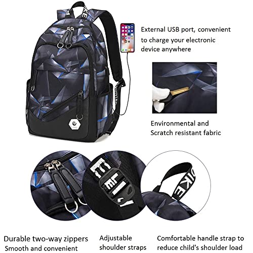 Etaishow Geometric-Print Boys Backpack For Elementary Middle School Kids Bookbag School Bag For Teens Black Blue #TOP5