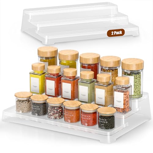 MUDEELA 2 Pack Spice Rack Organizer for Cabinet, 3 Tier Spice Organization for Cabinet, Non-Skid Spice Shelf with Protection Railing, Versatile Seasoning Organizer for Kitchen Pantry Counter