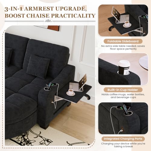 Image of 60 inch Loveseat Chaise Lounge Chair with Ottoman, Tufted Chenille Chaise Sofa with Storage & Adjustable Back / Side Table / USB Charging, Cozy Reading Lounge Chair and A Half for Living Room, Office, Black