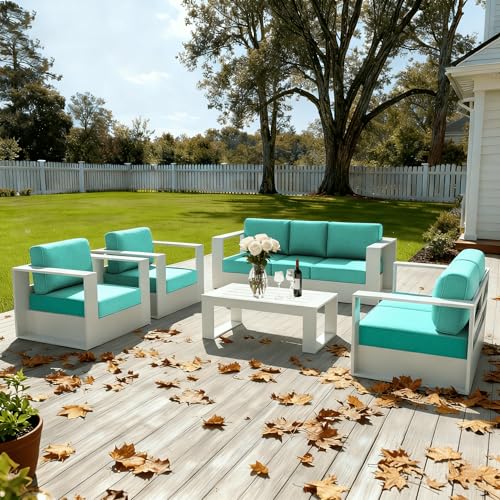 Image of LayinSun Oversized Aluminum Outdoor Furniture Set, 4 Piece Patio Sofa Sets with Coffee Table, Deep Seating and Upgraded 6-inch Cushions for Porch, Balcony, Deck