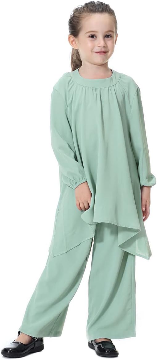 ODIZLI Kids Girls Muslim Islamic Two-piece Outfits Long Sleeve Ruffle Top and Loose Wide Leg Pants Arabic Outfits