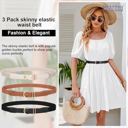 WERFORU 2 Pack Women’s Skinny Elastic Waist Belt With Gold Buckle Thin Stretchy Belt for Dress Jeans2
