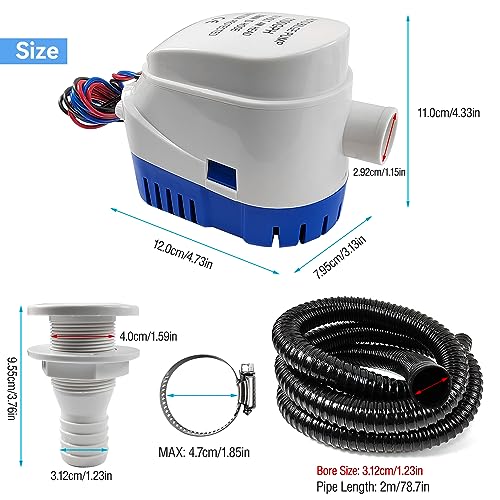 Automatic Boat Bilge Pump Kit for Boats, 1-1/8 Inch Bilge Pump Plumbing Kit, Including 12v 1100 Gph Bilge Pump, 1pc Bilge Pump Hose, 2pcs Hose Clamps and 1pc Universal Fitting - Thumbnail 3